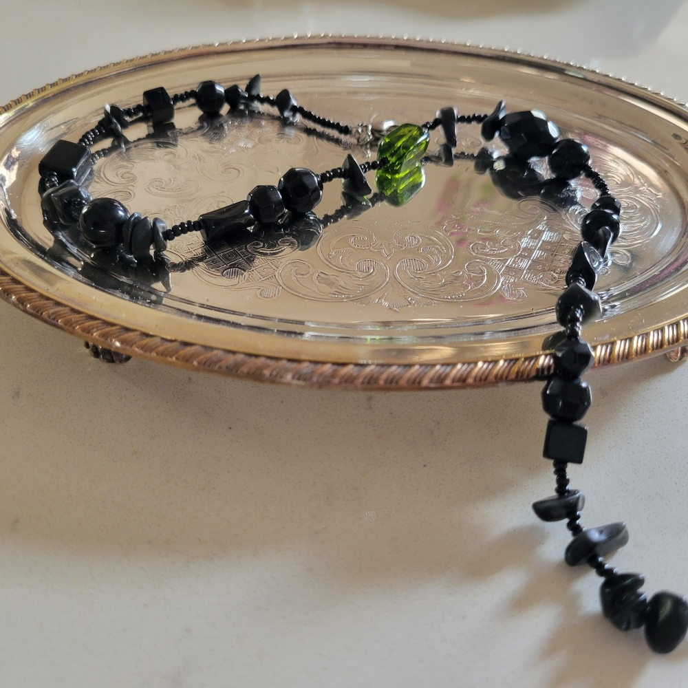 Black & Green Stone and Bead Necklace